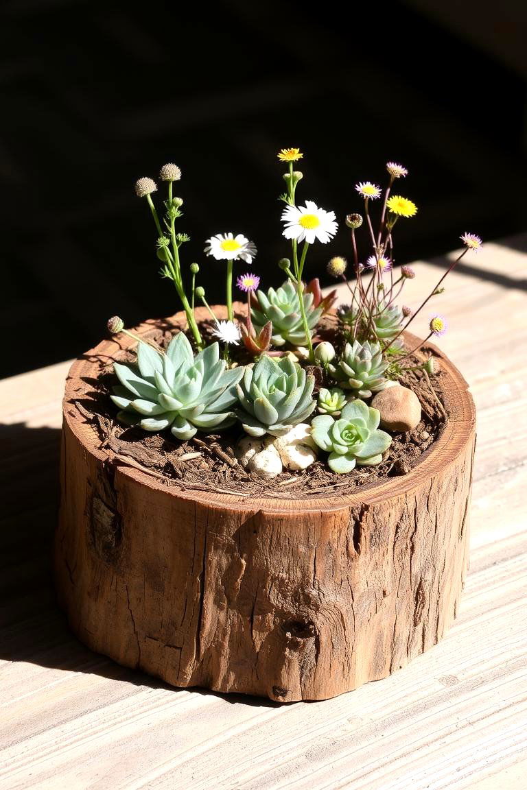 Rustic Log Slice Container - 24 Fairy Garden Container Ideas