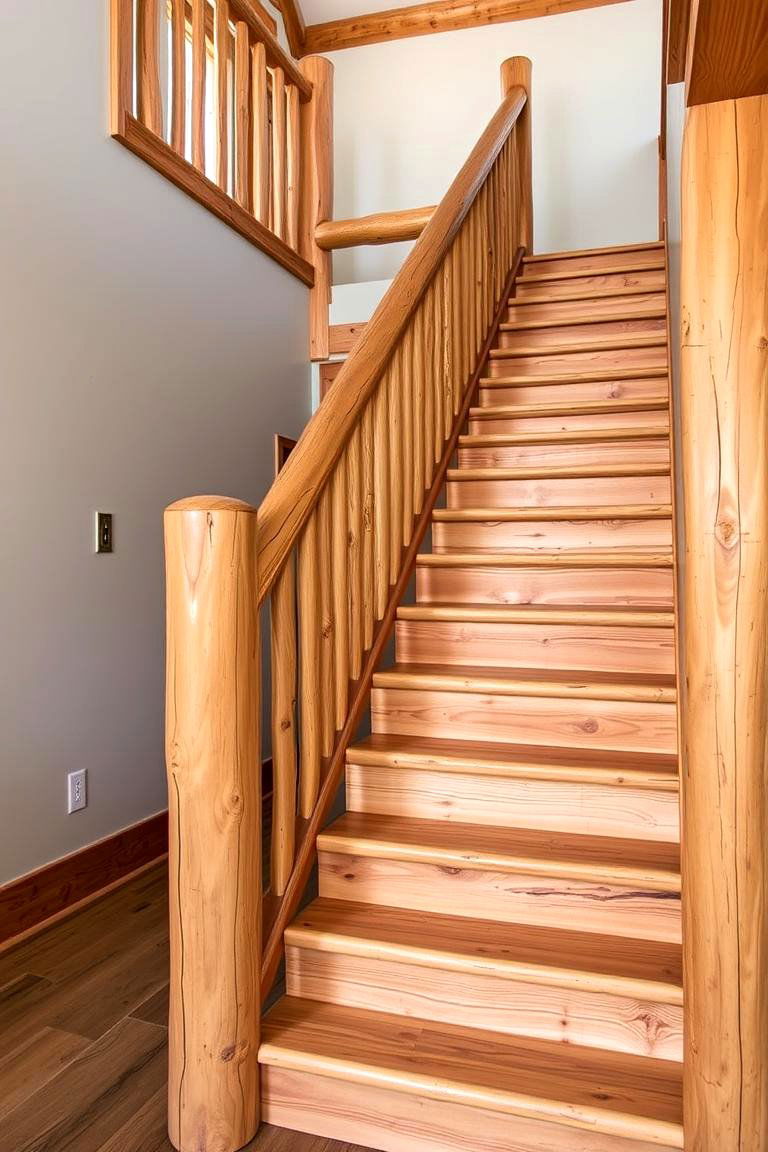 Rustic Log Staircase with Hand Carved Details - 24 Wooden Staircase Ideas