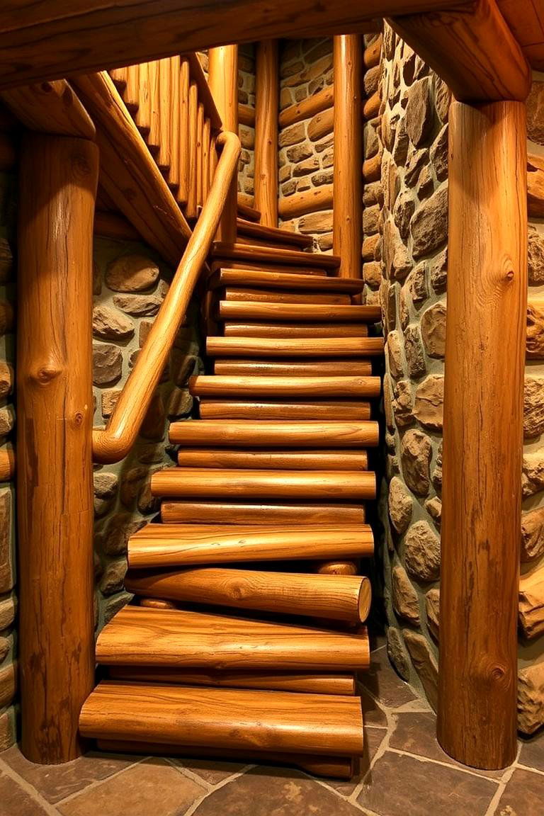 Rustic Log Stairs - 24 Basement Stair Ideas