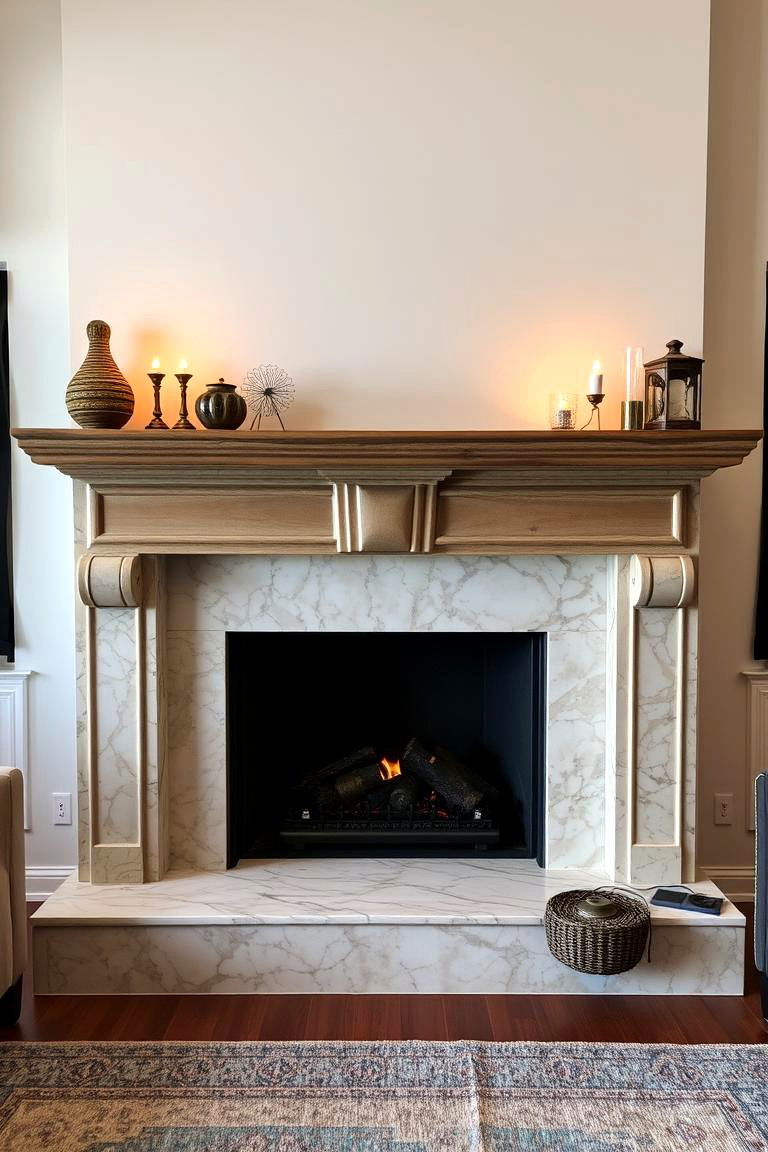 Rustic Marble Fireplace with Wooden Mantel - 24 Marble Fireplace Ideas