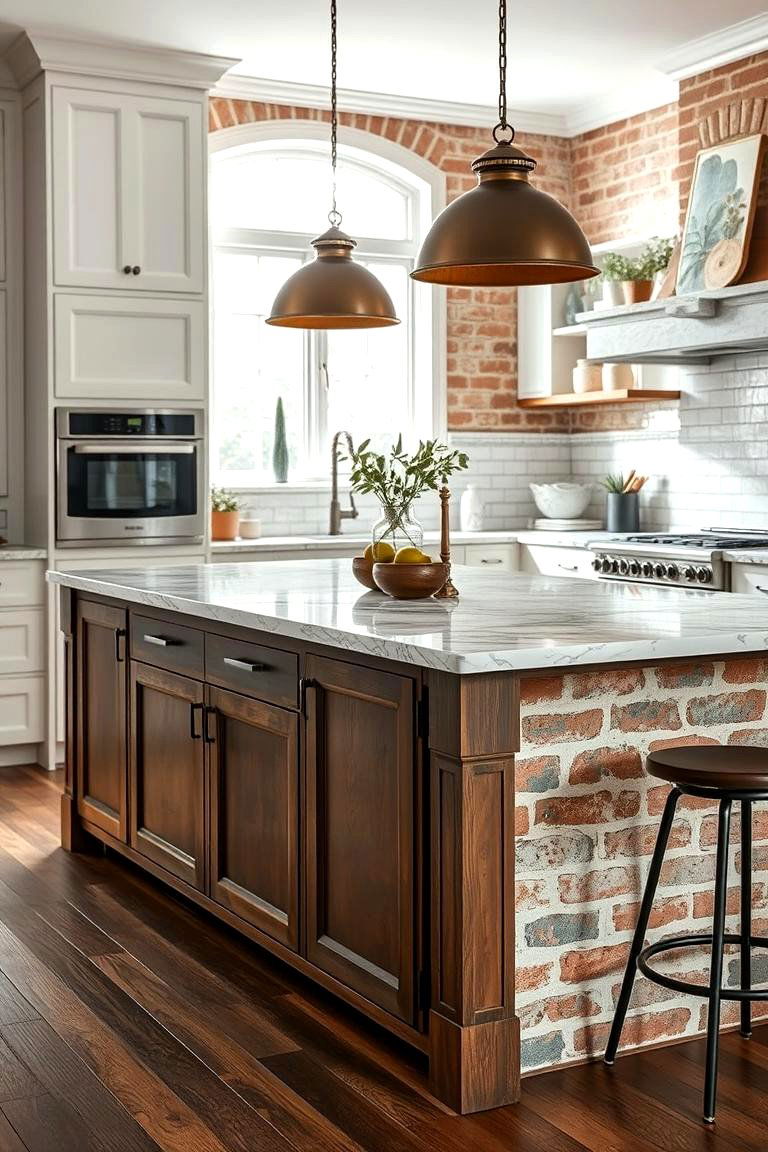 Rustic Marble and Exposed Brick - 24 Marble Kitchen Island Ideas