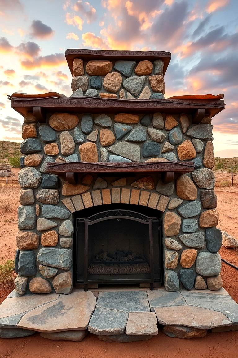 Rustic Metal and Stone Fireplace - 24 Rustic Outdoor Fireplace Ideas