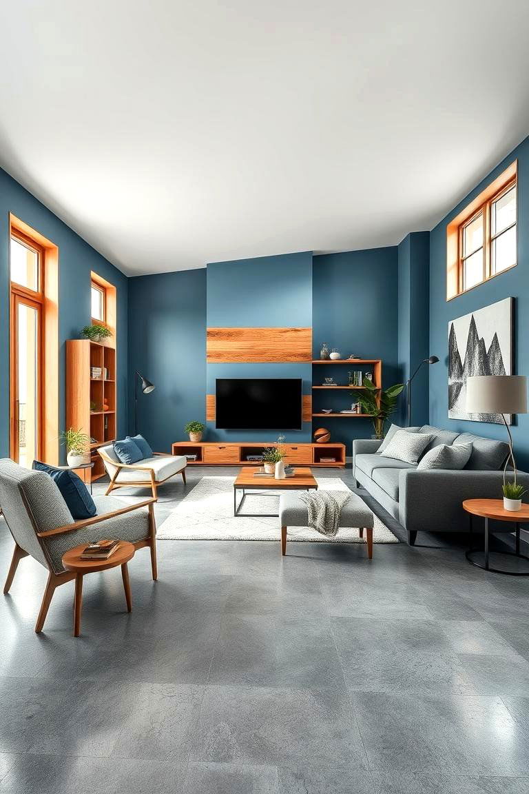 Rustic Modern Blend - 24 grey floor living room with blue walls ideas
