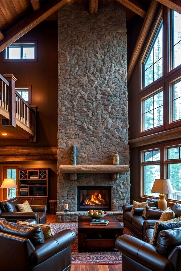 Rustic Mountain Lodge Fireplace - 24 Floor-to-Ceiling Stone Fireplace Ideas
