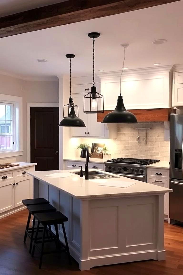 Rustic Pendant Lighting with Metal Finishes - 24 Rustic White Kitchen Ideas