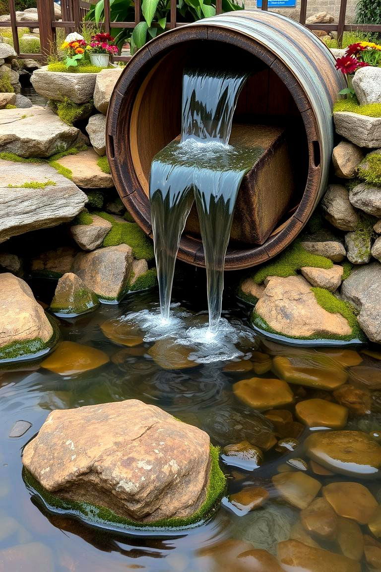 Rustic Pond with Barrel Waterfall - 24 Small Pond Ideas With Waterfalls