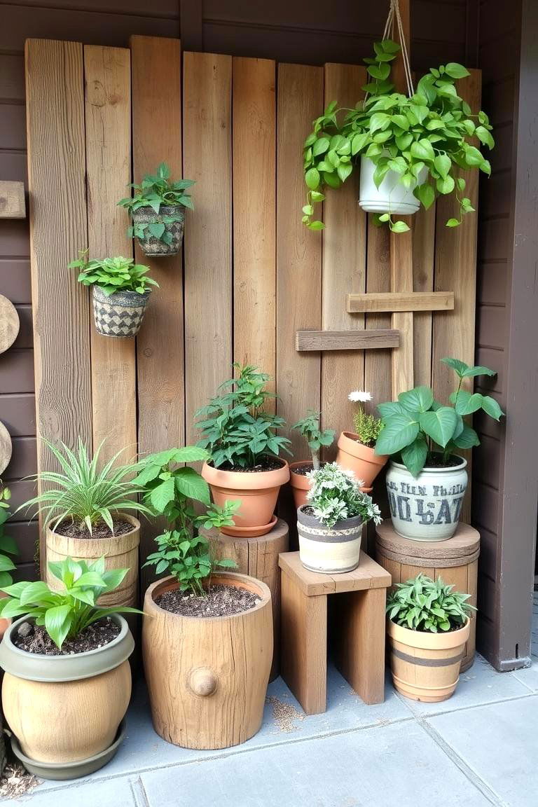 Rustic Reclaimed Wood Display - 24 Corner Garden Ideas With Pots