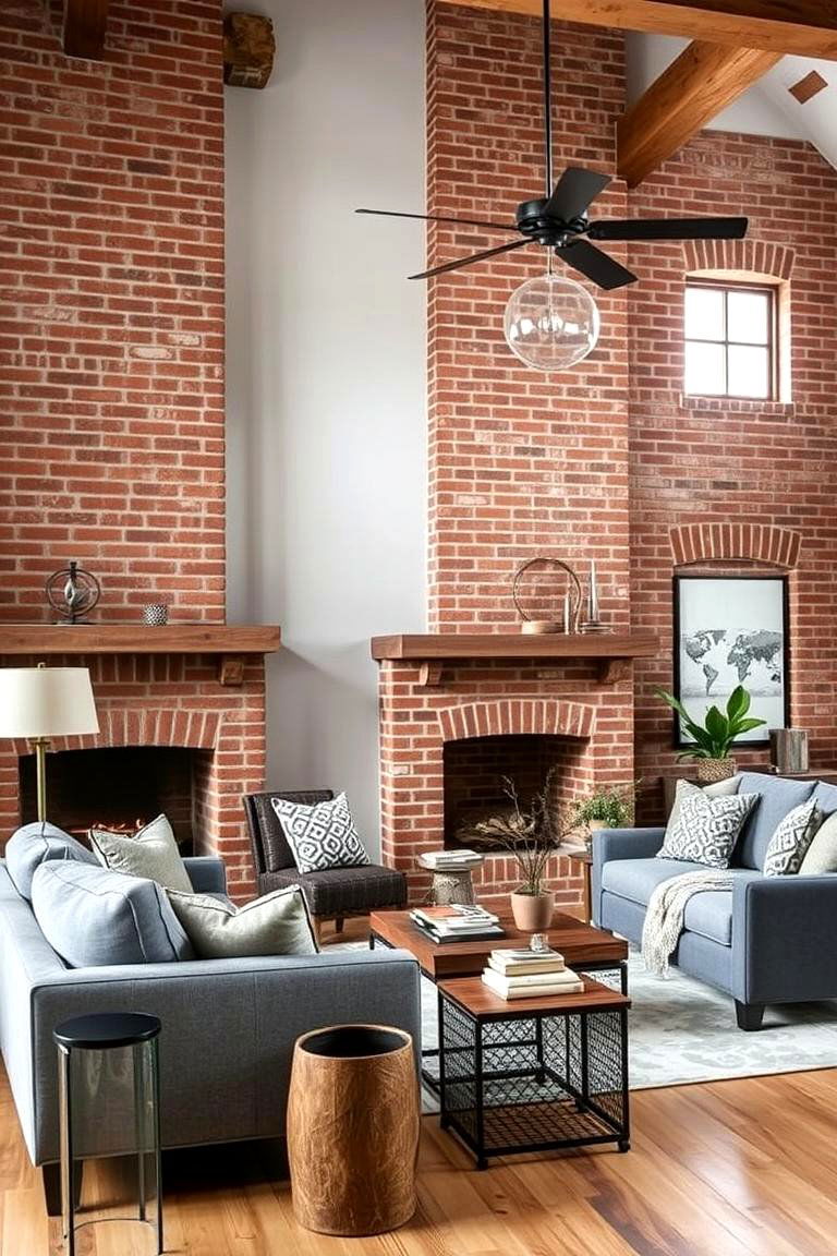 Rustic Red Brick Elements with Grey Overtones - 24 Red and Grey Living Room Ideas