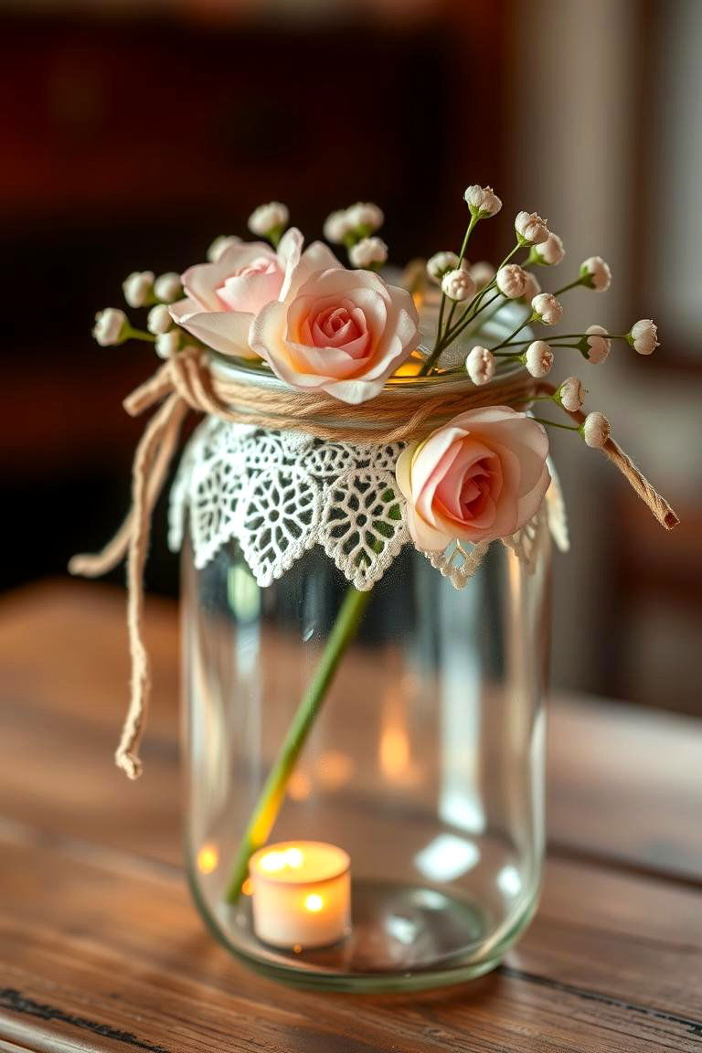 Rustic Romance Lace Trim and Delicate Blooms - 24 Mason Jar Wedding Centerpieces