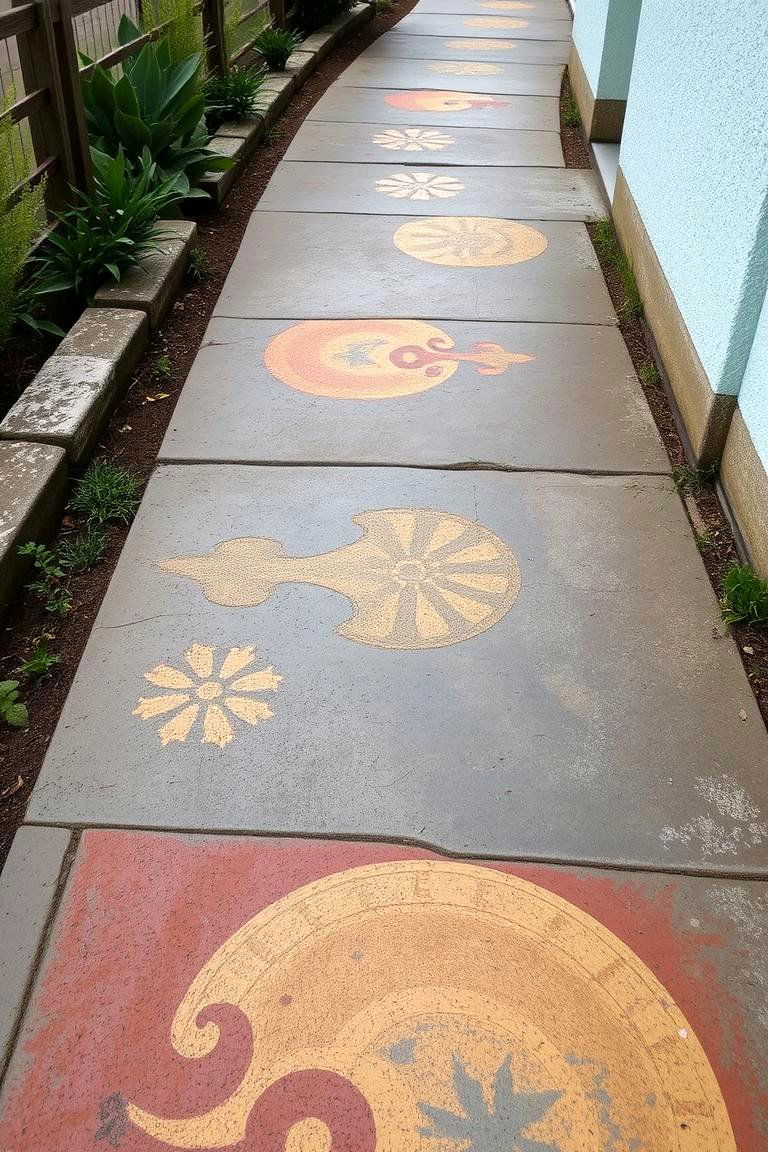 Rustic Stenciled Motifs - 24 Concrete Walkway Painting Ideas