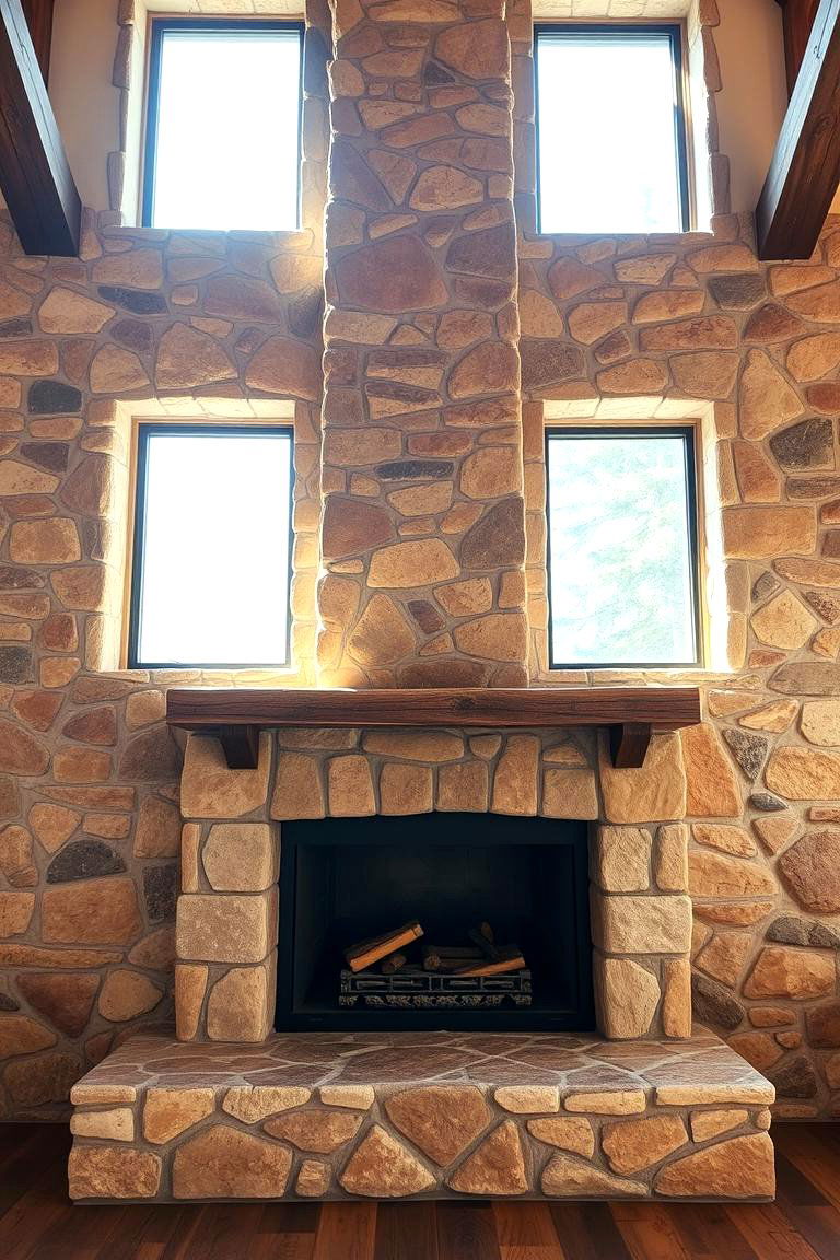 Rustic Stone Fireplace Between Windows - 24 Fireplace Between Windows Ideas