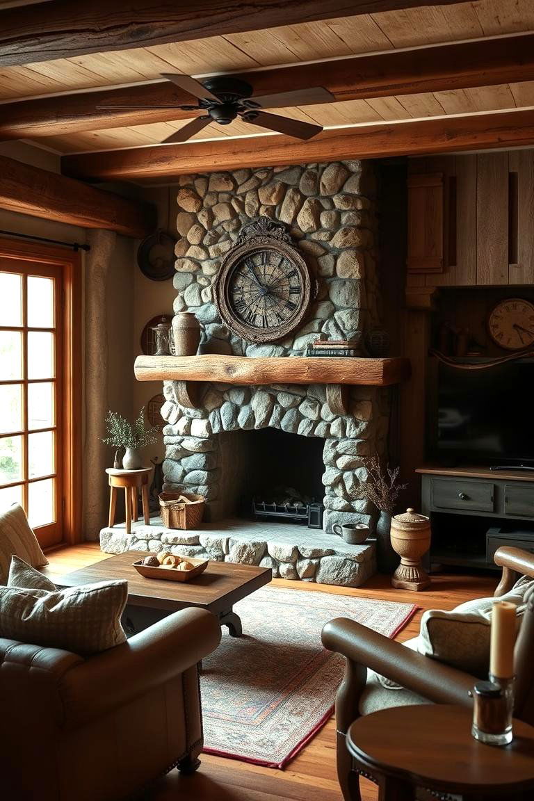 Rustic Stone Fireplace Charm - 24 Primitive Living Room Ideas