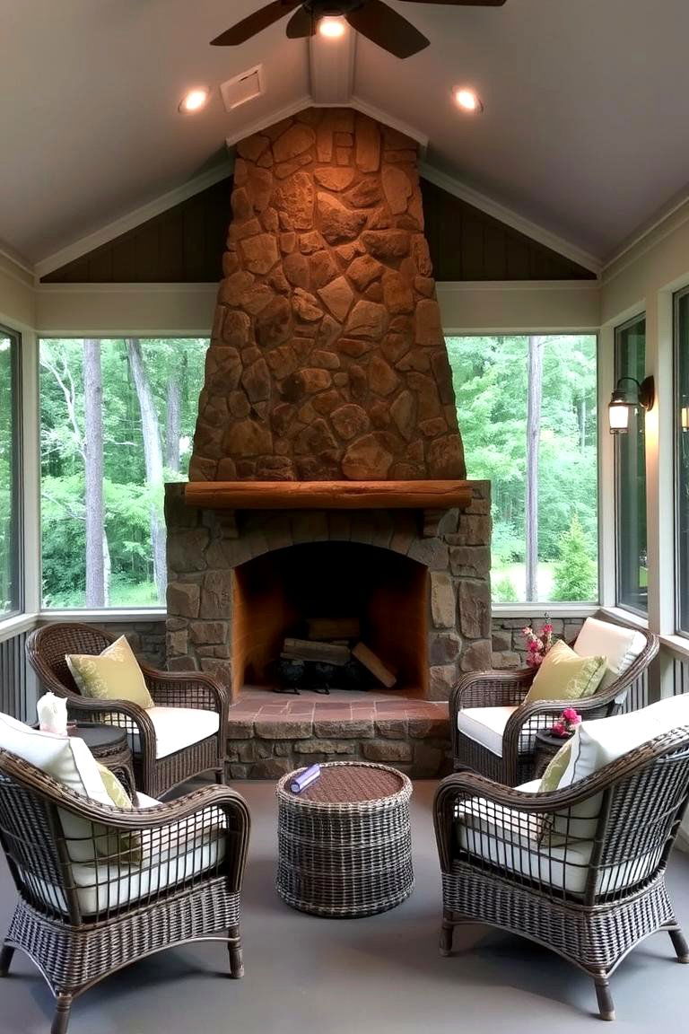 Rustic Stone Fireplace Feature - 24 Screened-in Porch With Fireplace Ideas