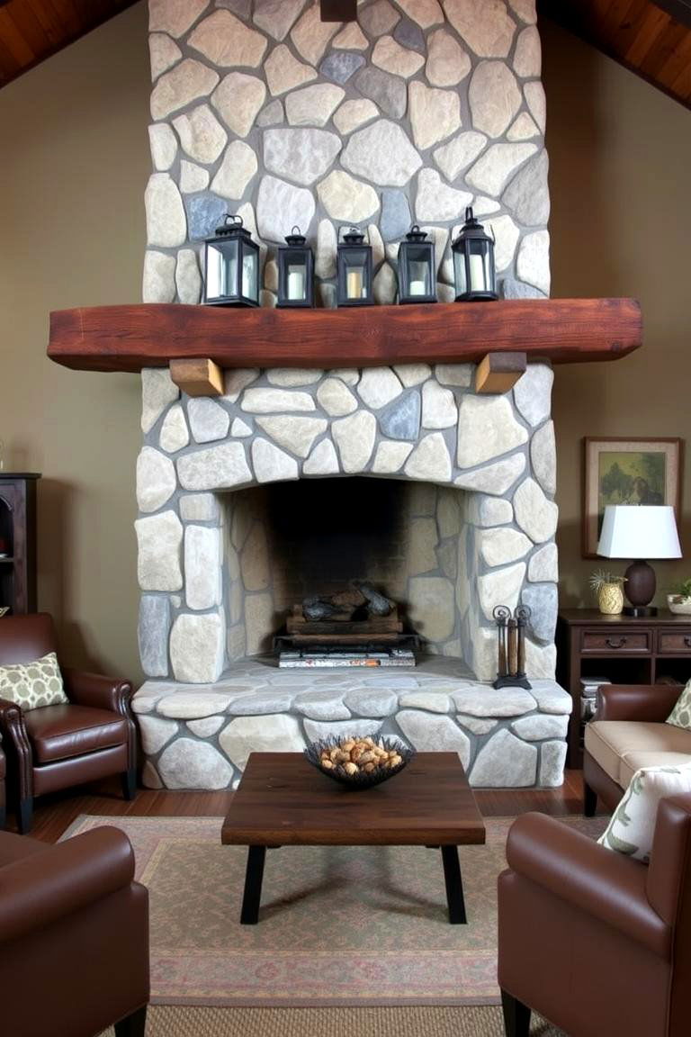 Rustic Stone Fireplace with a Wooden Beam Mantel - 24 Living Room Fireplace Ideas