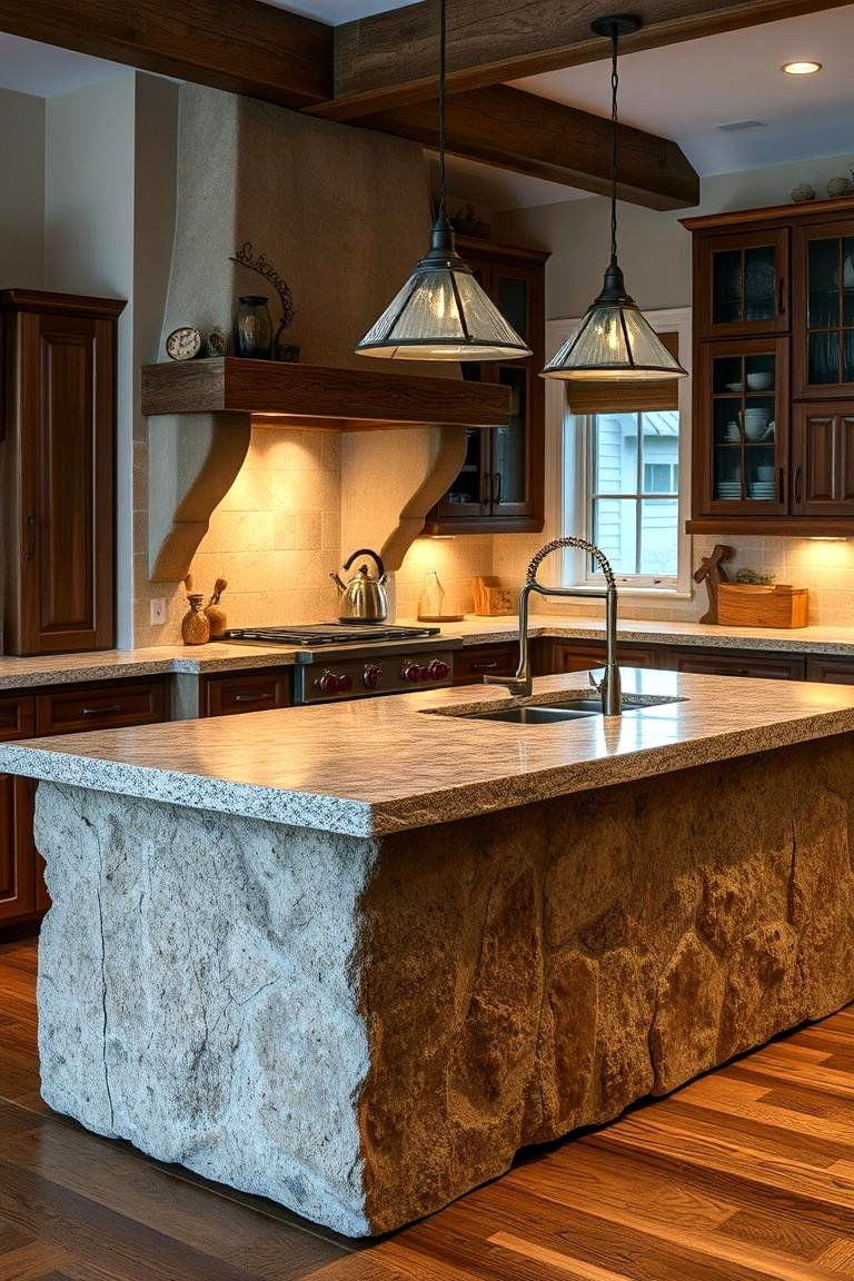 Rustic Stone Island - 24 Farmhouse Kitchen Island Ideas