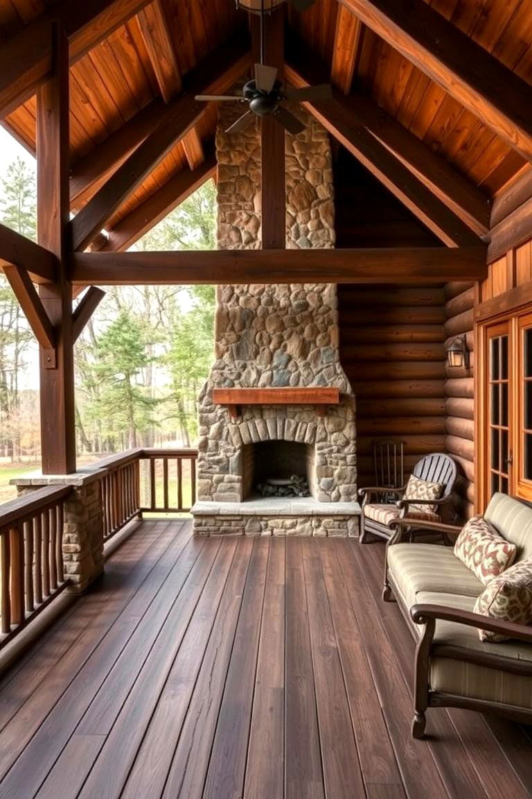 Rustic Stone and Wooden Beam Charm - 24 Covered Deck With Fireplace Ideas