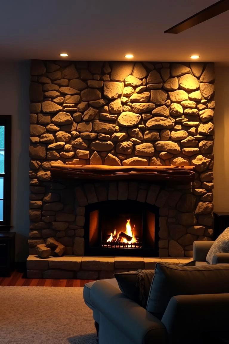 Rustic Stone with Warm Lighting - 24 Fireplace Wall Ideas