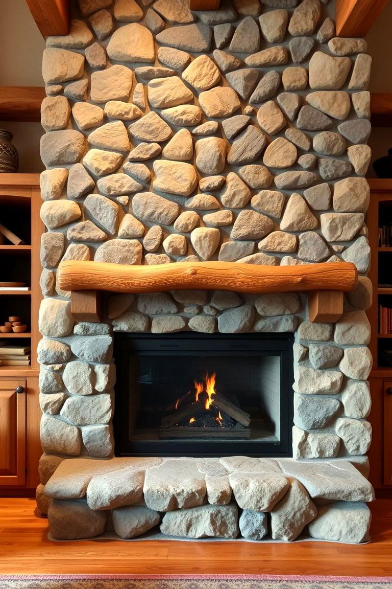 Rustic Stone with Wood Accents - 24 Floor to Ceiling Stone Fireplace Ideas