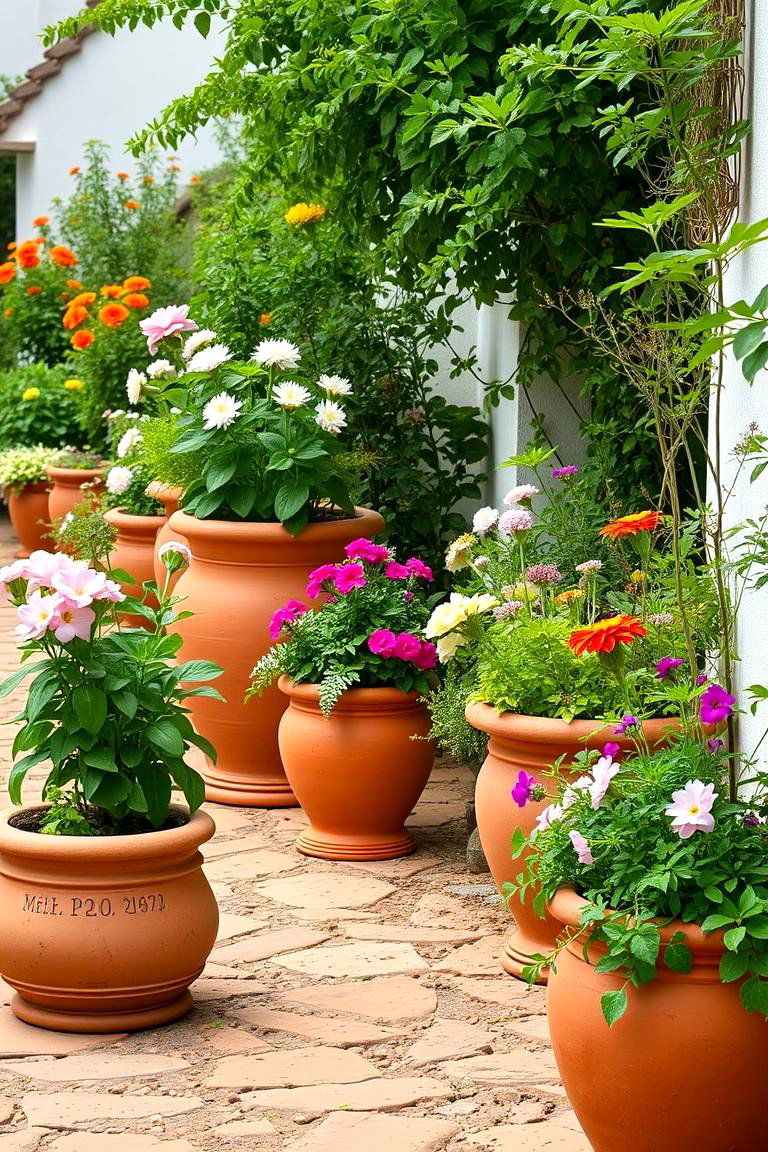 Rustic Terracotta Planters - 24 front yard spanish style landscaping ideas