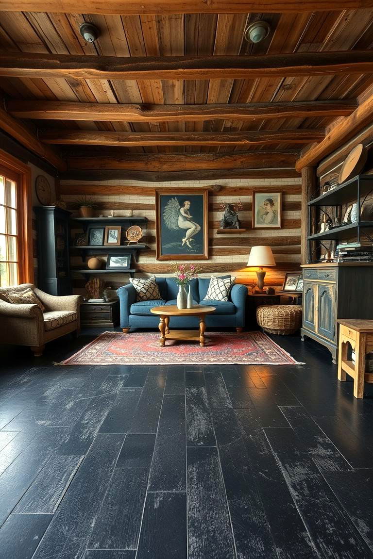 Rustic Warmth with Black Flooring - 24 Black Floor Living Room Ideas