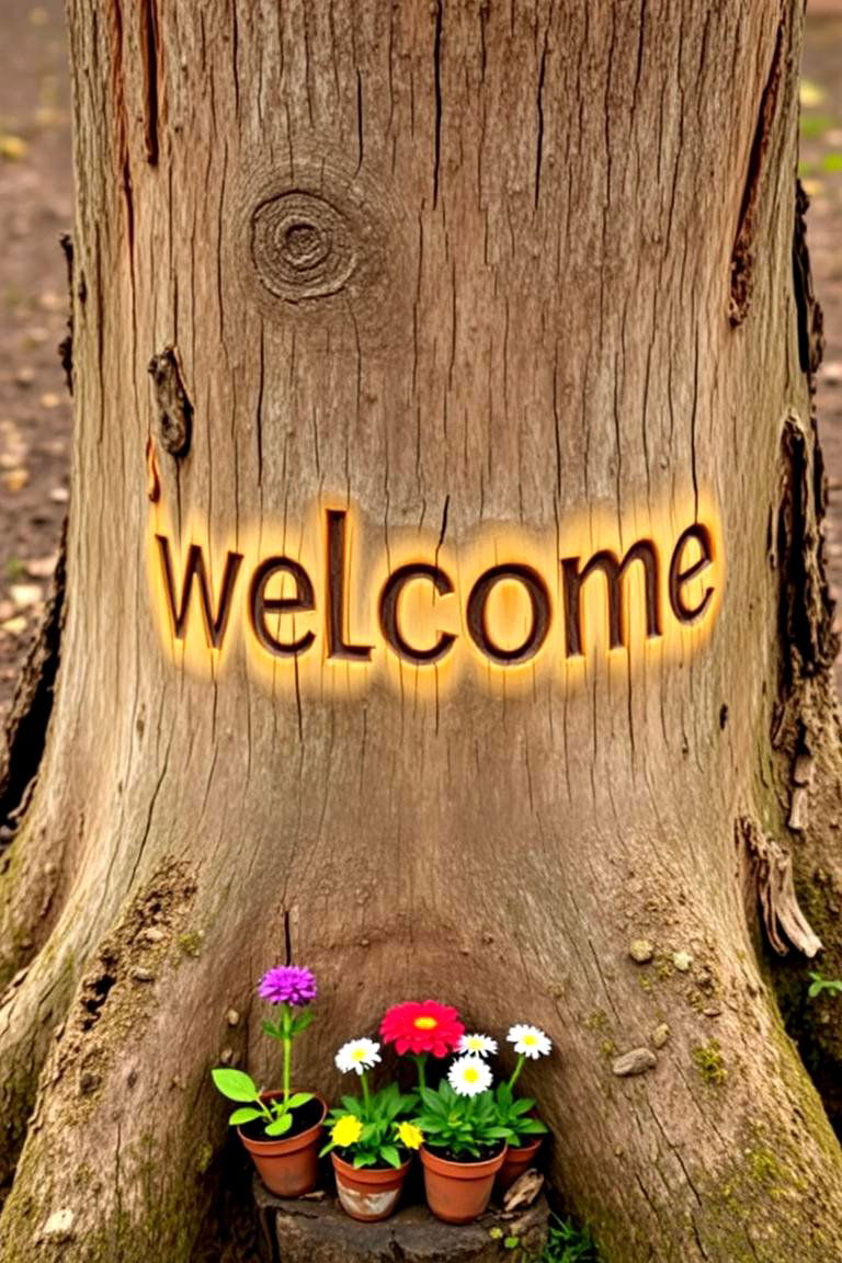 Rustic Welcome Sign - 24 Tree Stump Decorating Ideas
