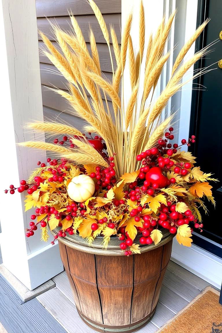 Rustic Wheat and Berries Planter - 24 Fall Planter Ideas