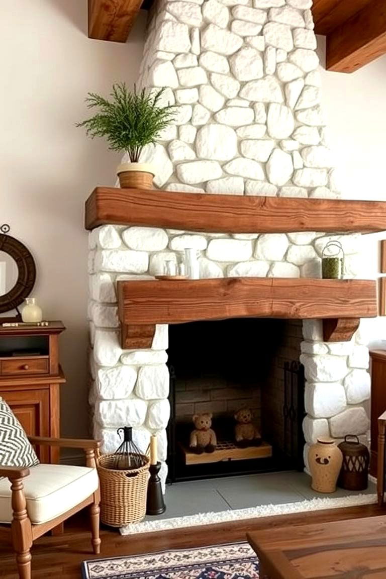 Rustic White Stone Fireplace with Wooden Mantel - 24 White Stone Fireplace Ideas