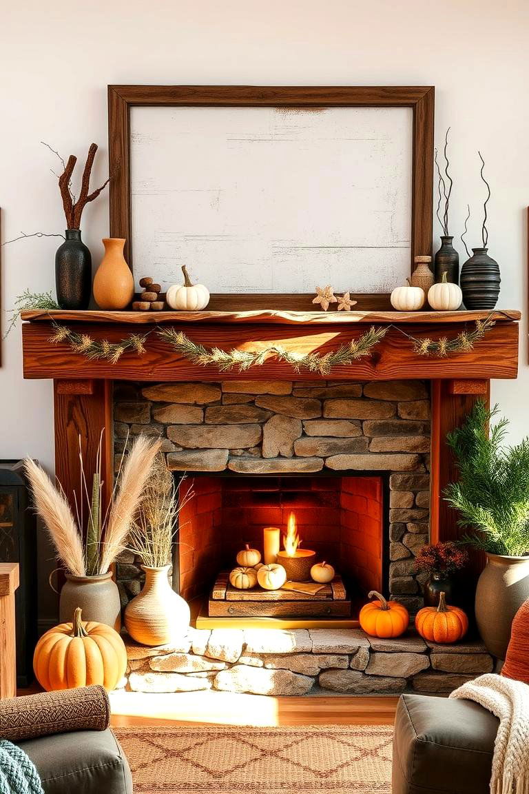 Rustic Wood Accents - 24 Fall Mantel Decor Ideas