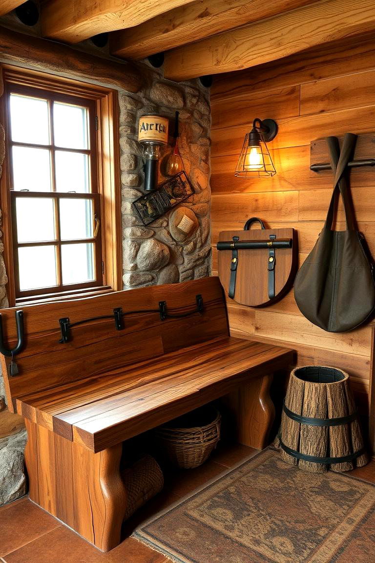 Rustic Wood Bench Warmth - 24 Man Cave Seating Ideas