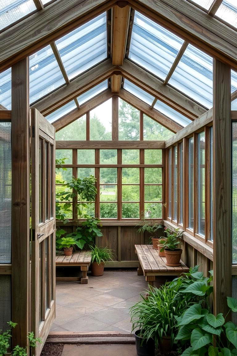 Rustic Wood Framed Corner Greenhouse - 24 Corner Greenhouse Ideas