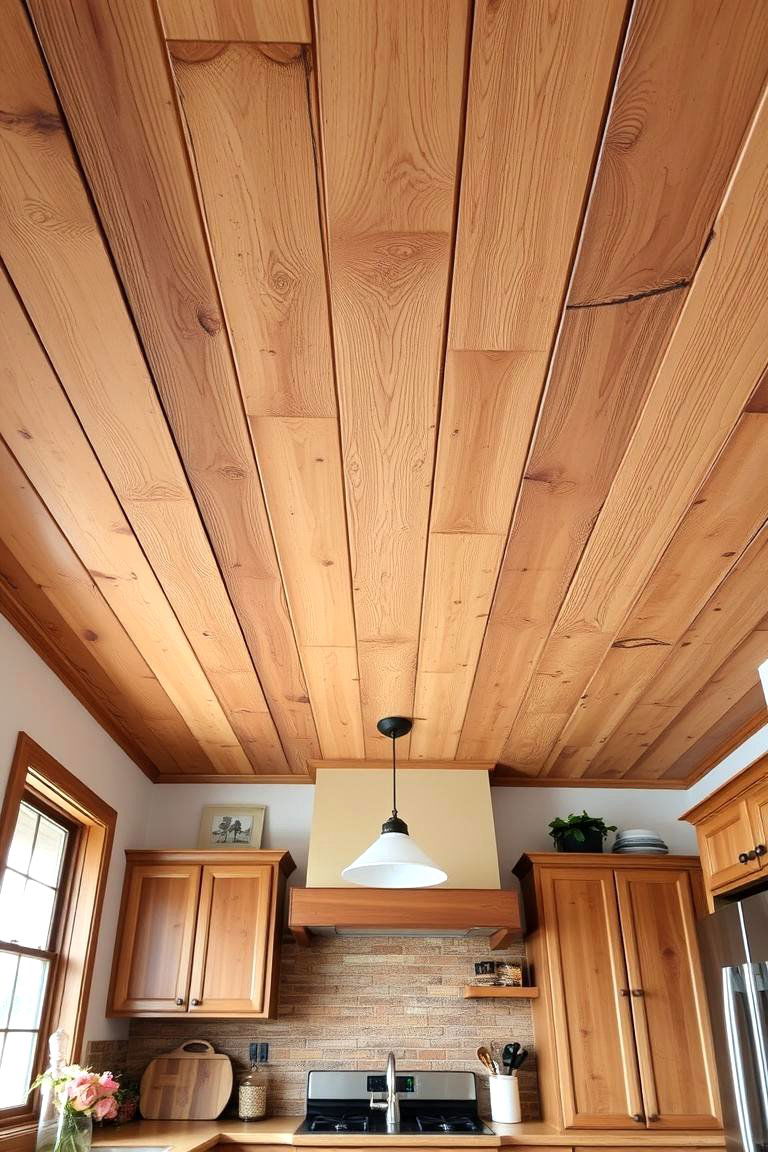 Rustic Wood Planks with Knots - 24 Wood Ceiling Kitchen Ideas