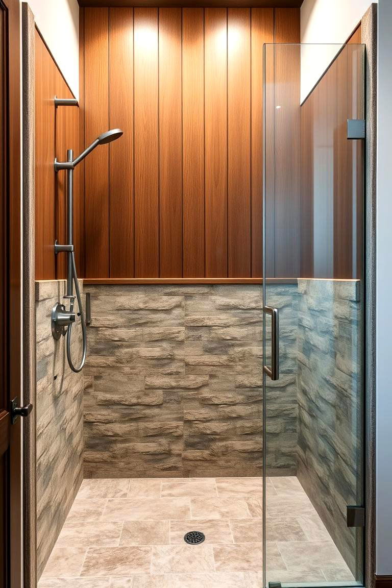 Rustic Wood and Metal Shelving Unit - 24 Rustic Walk-in Shower Ideas