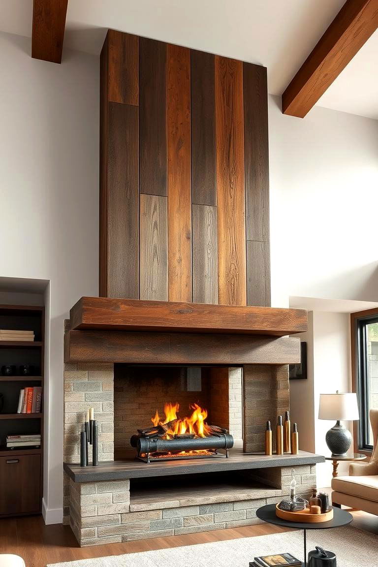 Rustic Wood and Steel Blend - 24 Floor to Ceiling Fireplace Ideas