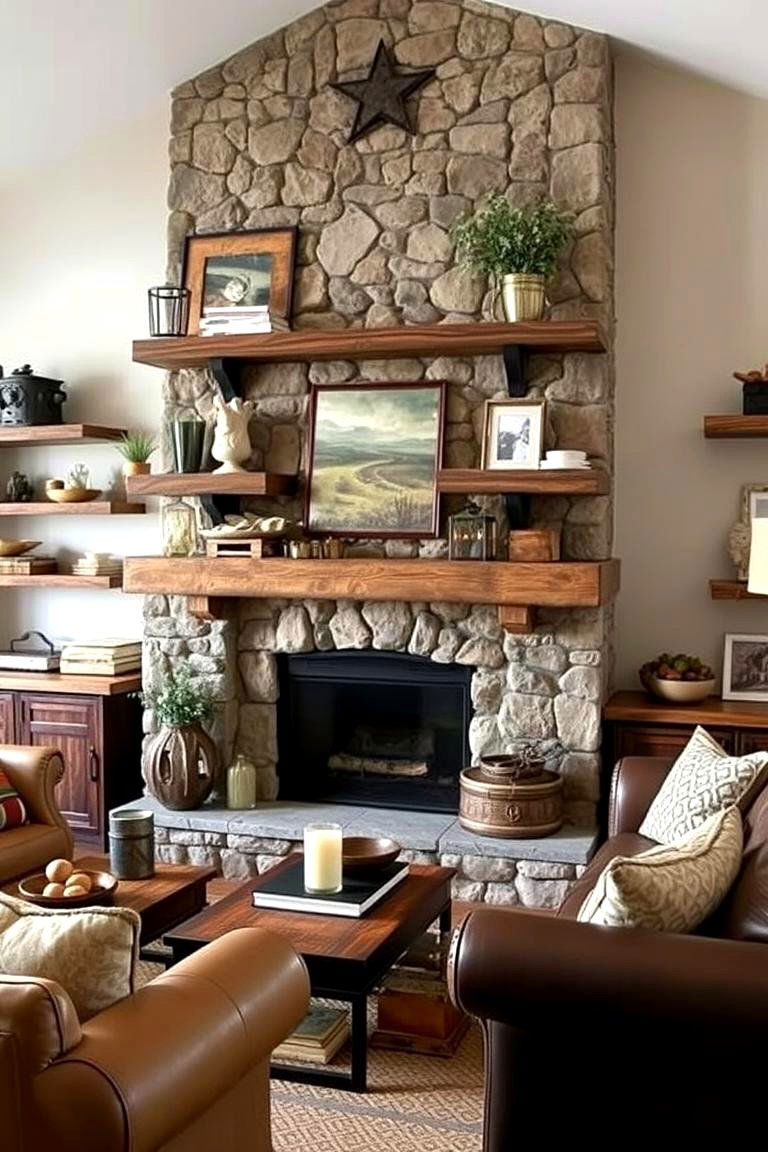 Rustic Wood and Stone Shelves - 24 Fireplace Floating Shelves Design Ideas