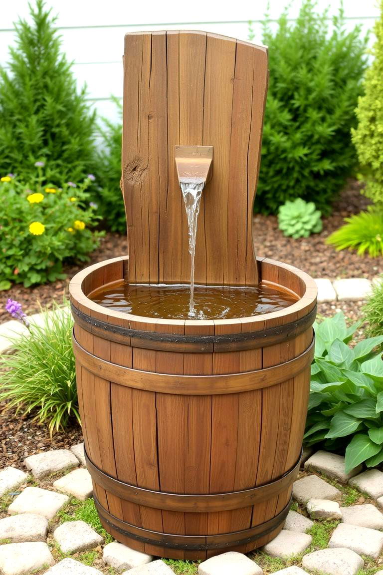Rustic Wooden Barrel Fountain - 24 Backyard Fountain Ideas