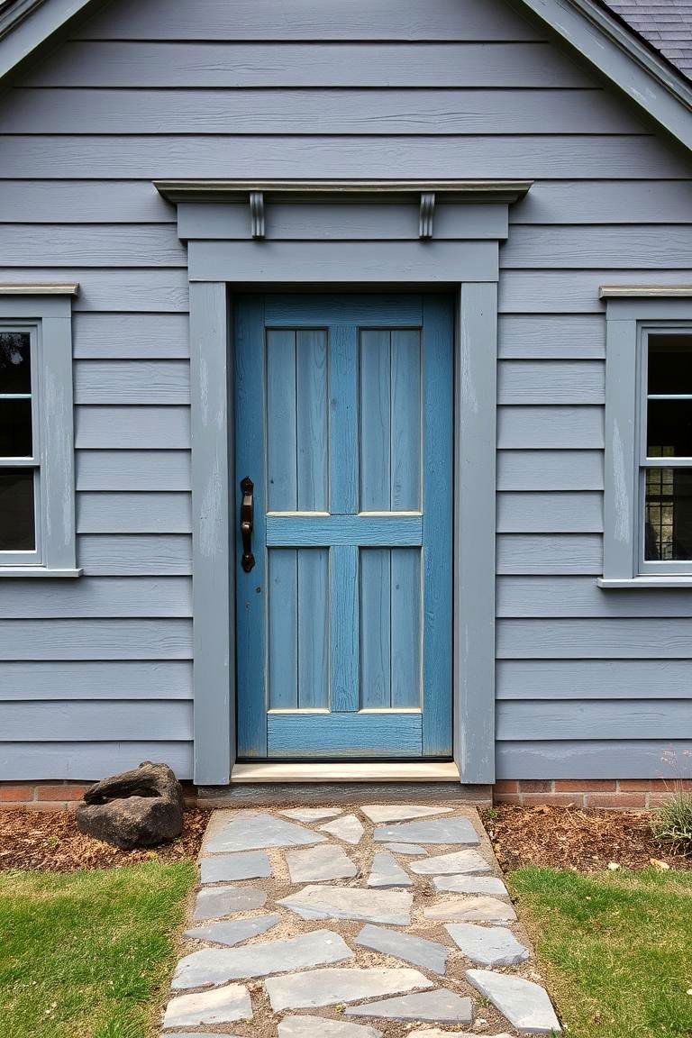 Rustic Wooden Blue Door on Weathered Grey - 24 Grey House With Blue Door Ideas