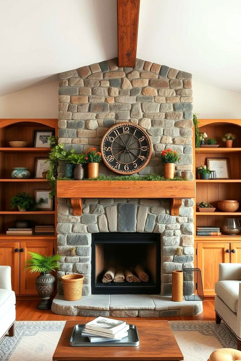 Rustic Wooden Bookshelves Framing the Fireplace - 24 Fireplace With Bookshelves