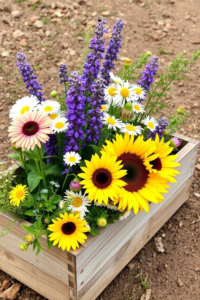 Rustic Wooden Box with Wildflowers - 24 Flower Centerpiece Ideas