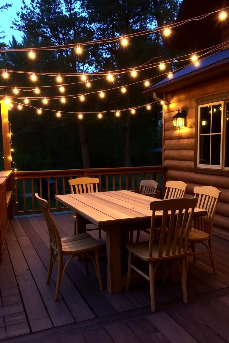 Rustic Wooden Deck with String Lights - 24 Outdoor Dining Area Ideas