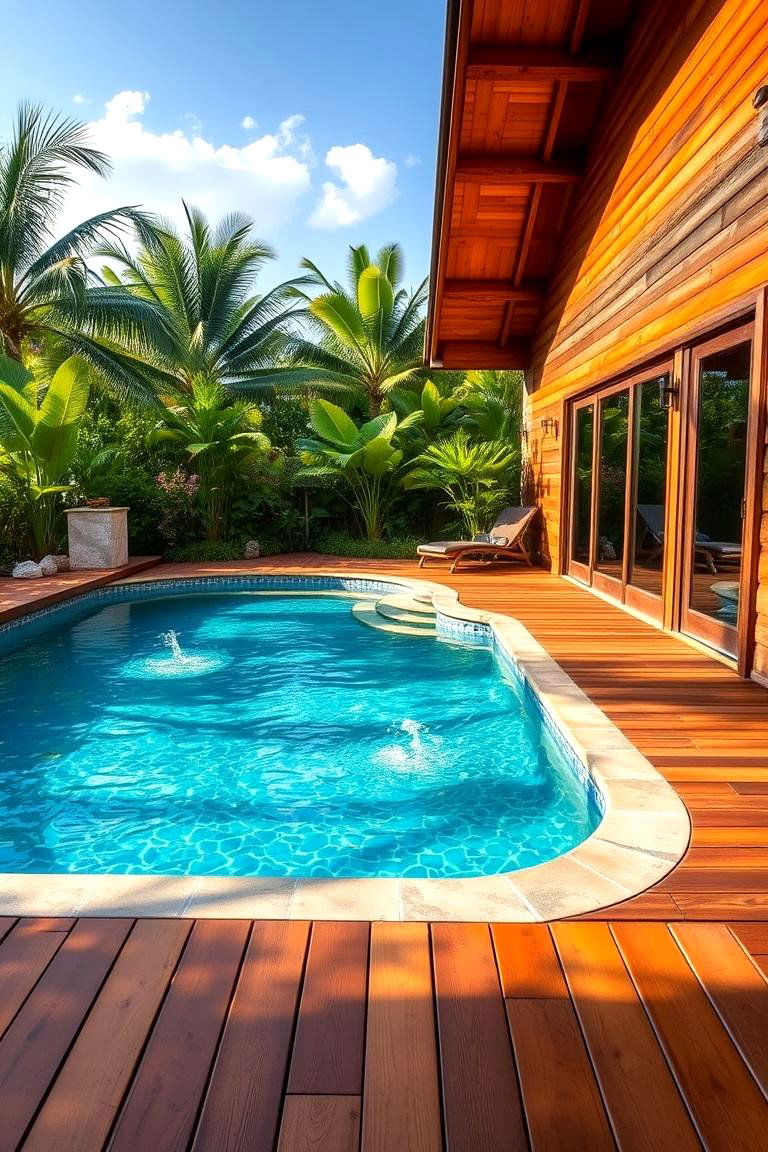 Rustic Wooden Decking - 24 Tropical Pool Landscaping Ideas
