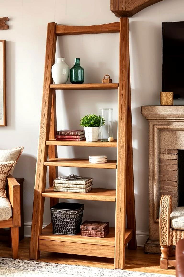 Rustic Wooden Ladder Shelf - 24 Living Room Bookshelf Ideas