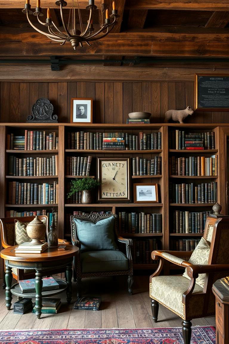 Rustic Wooden Library Charm - 24 Dark Green Home Library Ideas and Inspiration