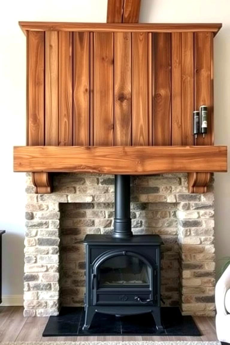 Rustic Wooden Mantel - 24 Wood Stove Surround Ideas