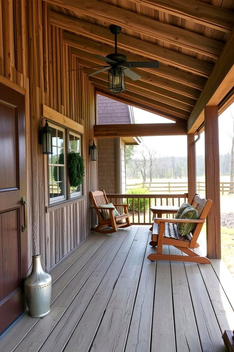 Rustic Wooden Porch with a Swing - 24 Barndominium Front Porch Ideas