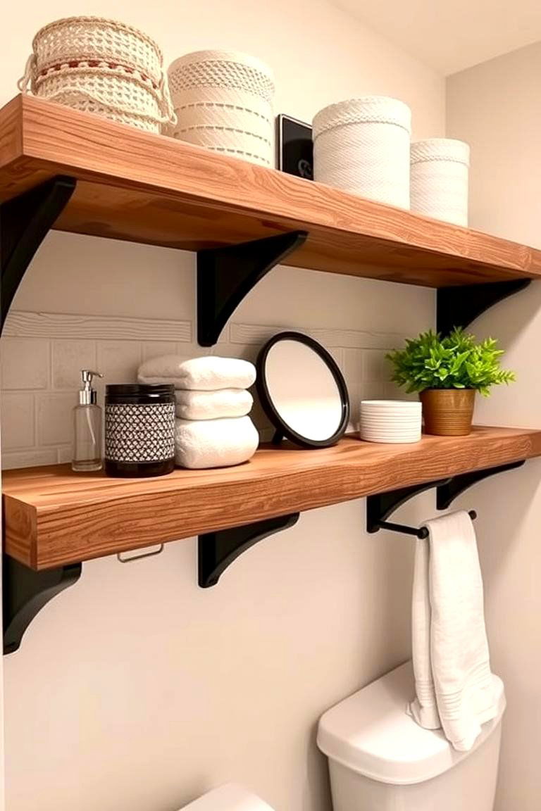Rustic Wooden Shelves with Sleek Black Hardware - 24 Black and Wood Bathroom Ideas