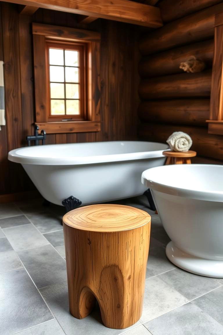 Rustic Wooden Stool - 24 Rustic Bathroom Ideas
