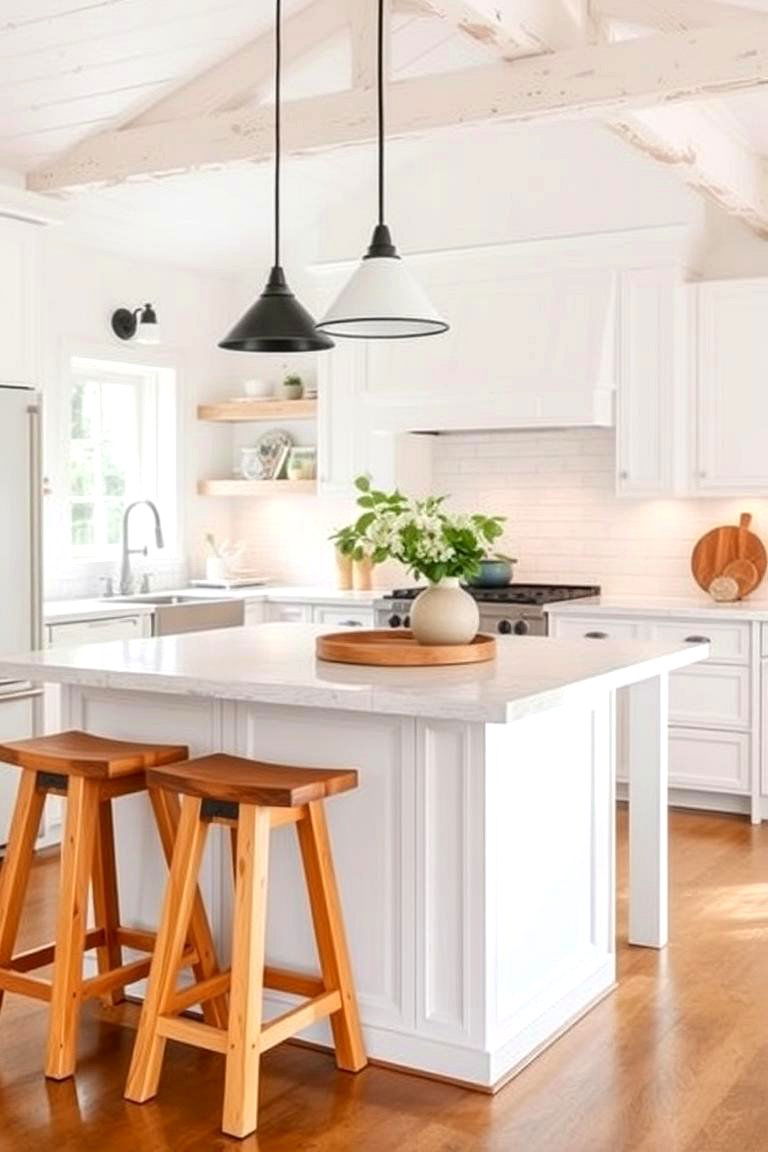 Rustic Wooden Stools at the Island - 24 Rustic White Kitchen Ideas
