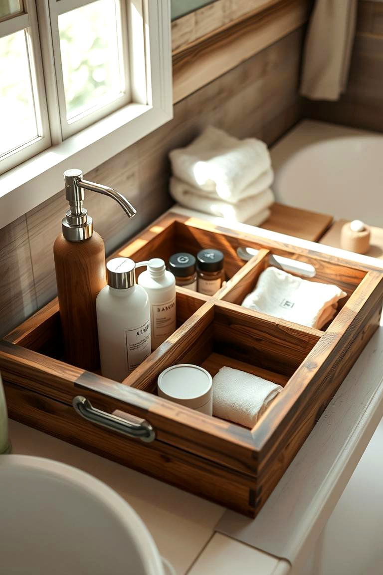 Rustic Wooden Tray - 24 Toilet Paper Storage Ideas