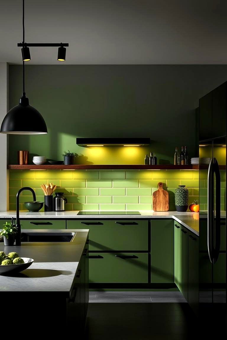 Sage Green Accent Wall with Black Lighting - 24 Sage Green and Black Kitchen Ideas