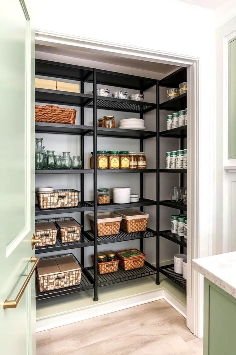 Sage Green Accented Pantry with Black Shelves - 24 Sage Green and Black Kitchen Ideas